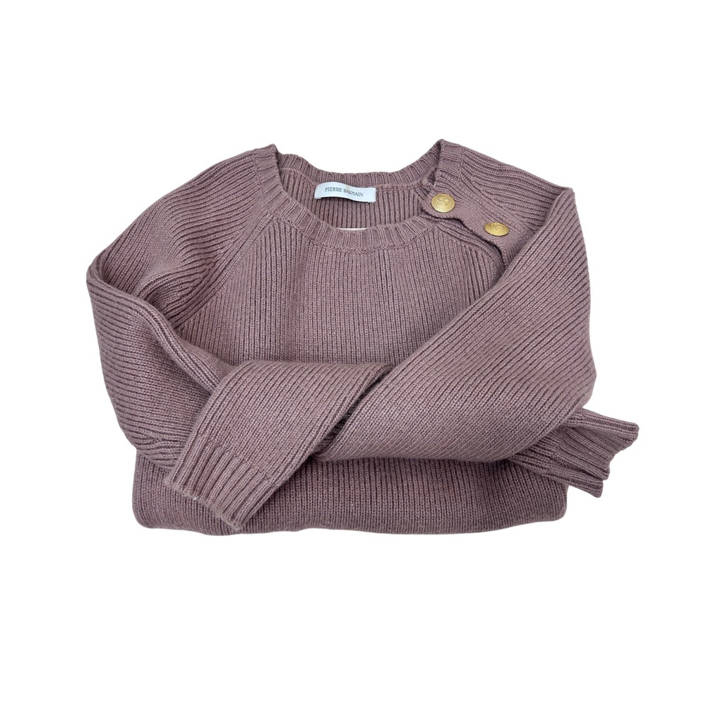 Pierre Balmain Ribbed Sweater Womens 36 Tan‎ Excellent Gold Button Shoulder